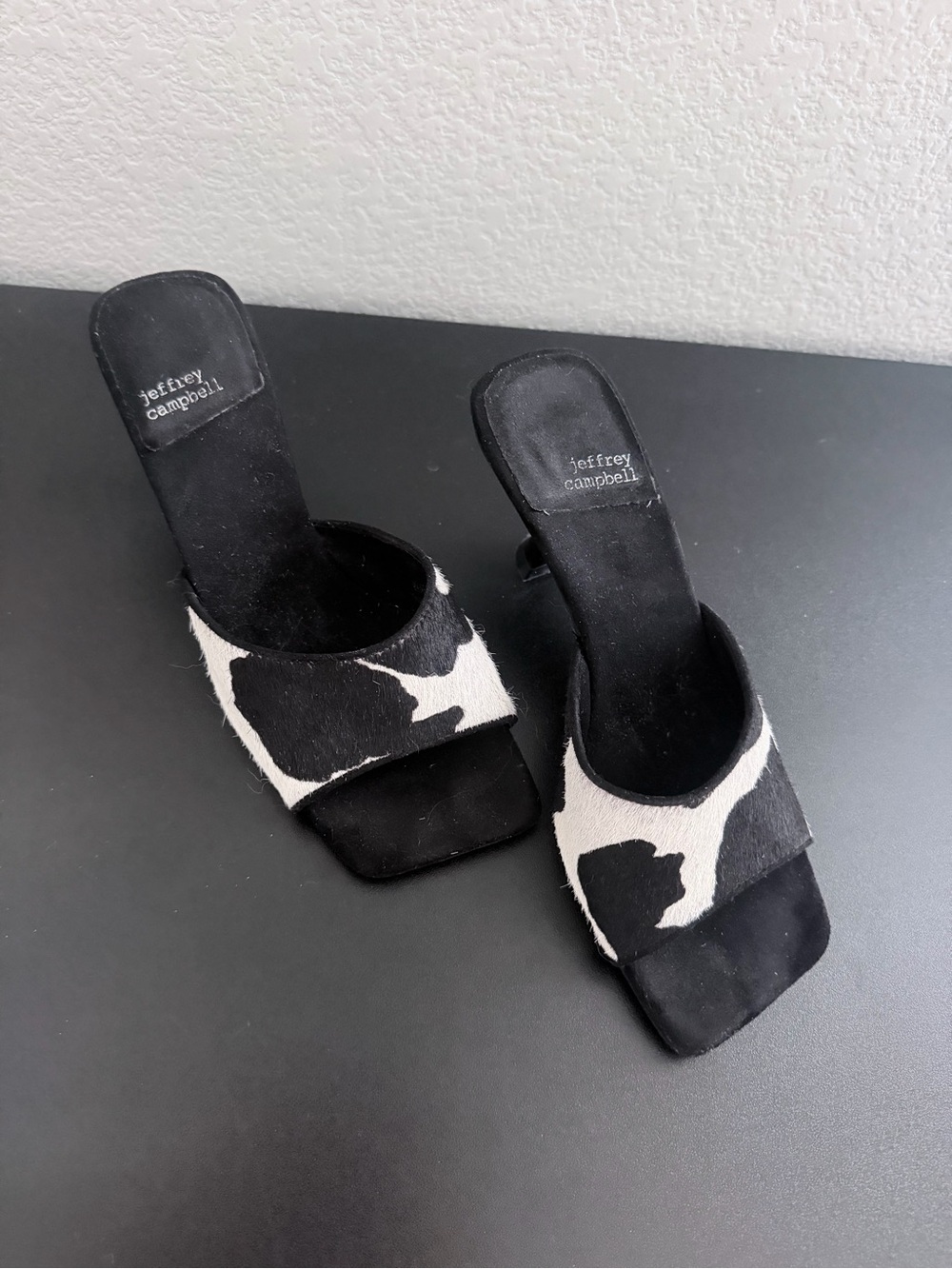 Jeffrey Campbell Black & White Cow-Print Slide Mules